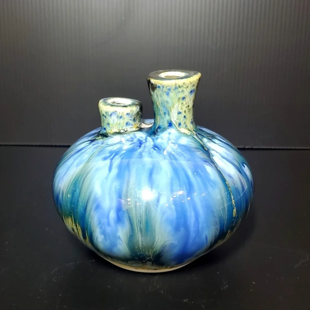 Blue and green glazed ceramic studio pottery vase small double bulbous bud‎ vase